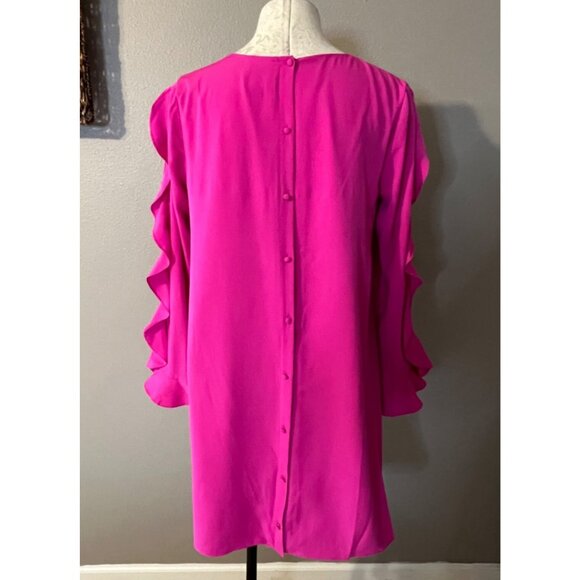 CeCe Shift Dress 10 Pink Long Ruffle Sleeve Faux Silk Career Church Washable - Picture 3 of 12